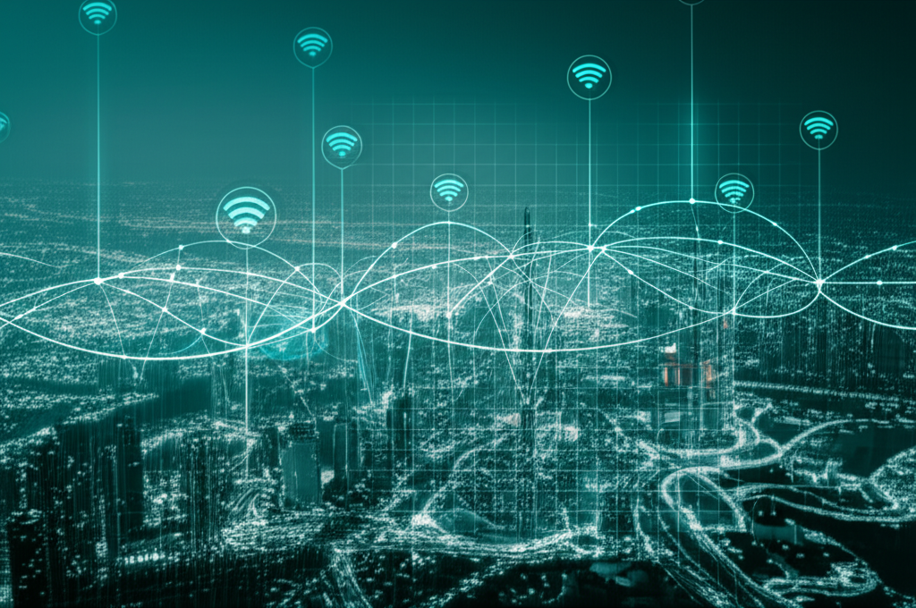 Dubai aerial view with digital overlays showing Makani addressing grid and AI neural network visualization