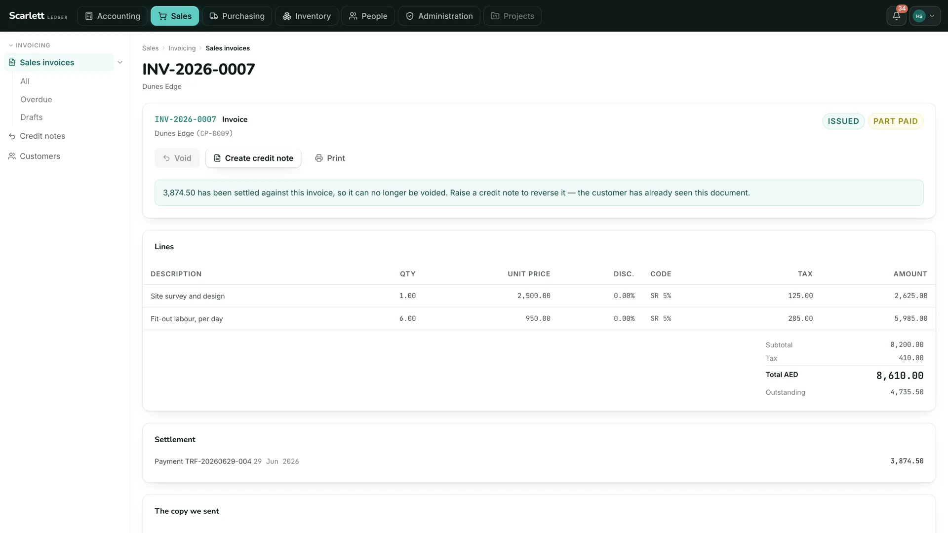 An issued sales invoice with its settlement, its ledger entry and the copy that was sent